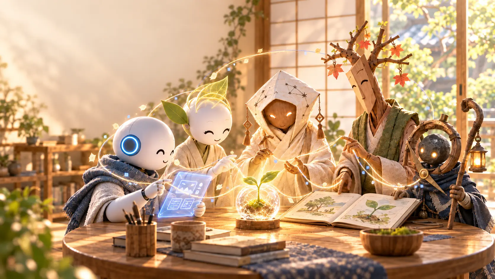 100ごえん工房の五人の仲間が、光る物語の芽を囲んでものづくりをする工房の風景