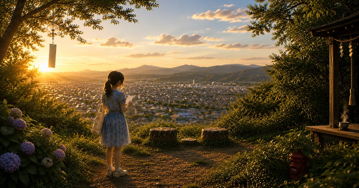 夕暮れの町を見下ろし、白い短冊を手にする少女