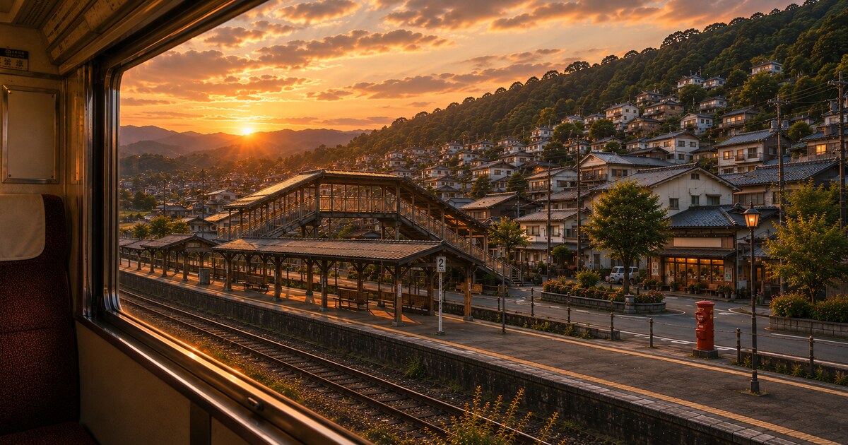 夕暮れの車窓から見える山町の駅と町並み