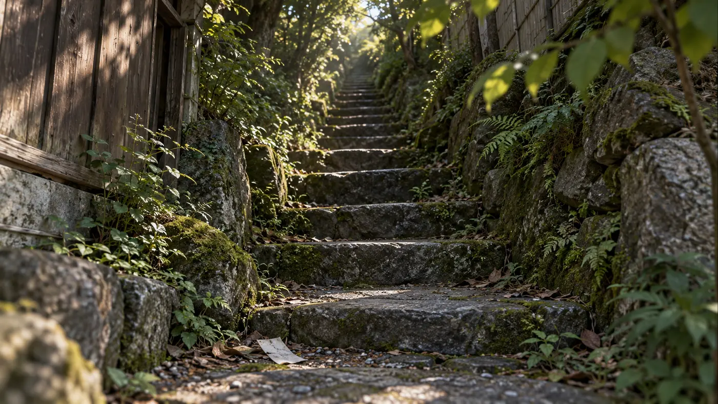 木々の間へ細く続く、城丿縁の百段坂の入口