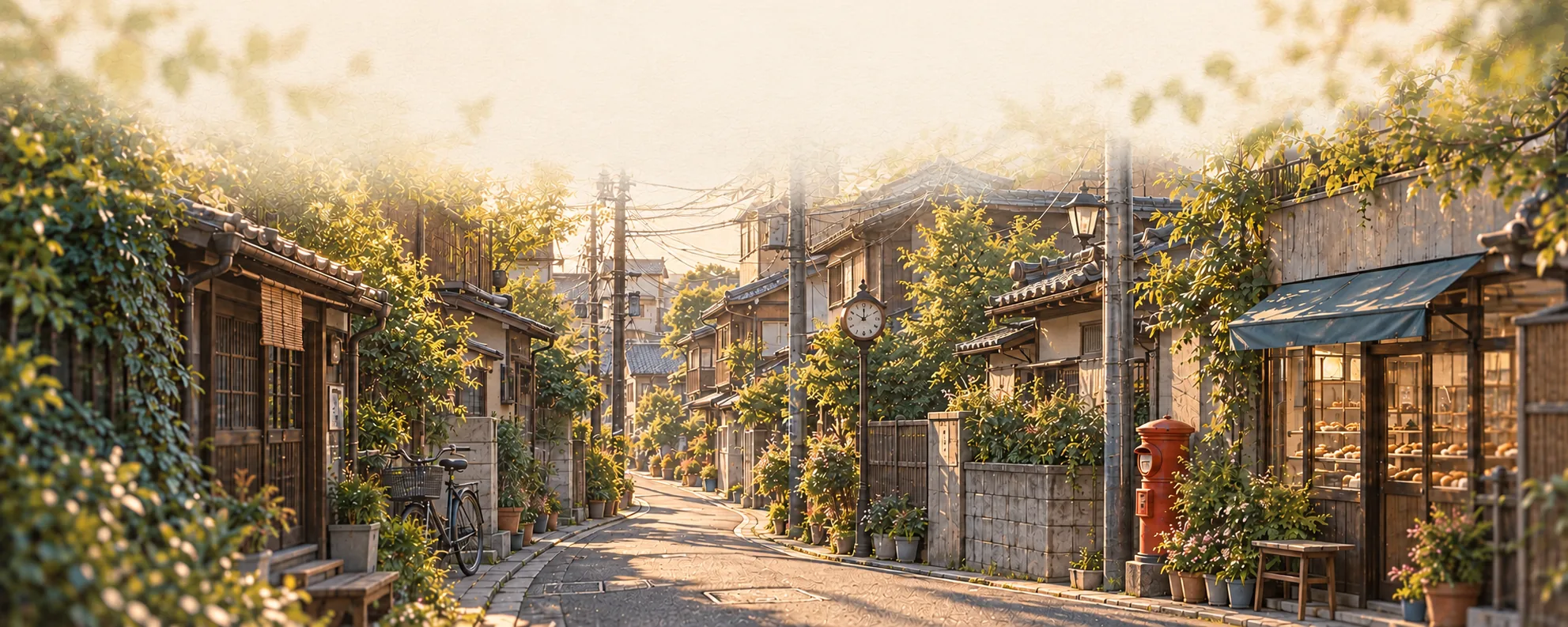 物語の部屋から、細い路地が重なる町へ移っていく風景